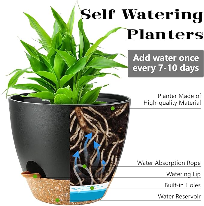 Carsapro 4-Pack Plant Pots with Drainage 6.5/6/5.5/5 Inch, Self Watering Pots for Indoor Plants, Planters for Indoor Outdoor Plants, Plastic Flower Pot, Planter for Indoor Outdoor (Black)