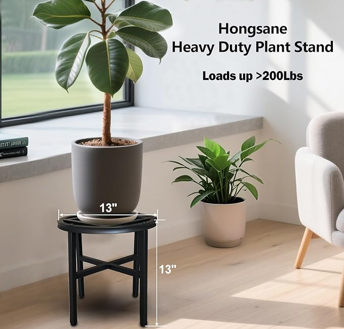 Hongsane Plant Stand Indoor Outdoor,13 Inch Round Metal Plant Stands Riser,Heavy Duty Wrought Iron Pedestal Holders for Large Flower Pot,Outside Rust-Proof Black Flower Display Shelf for Patio,2-Pack