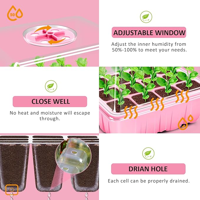 YAUNGEL Seed Starting Trays, 10 Pack 120 Cells Thicken Seed Starter Tray Kit with Humidity Dome/Heightened Lids Durable Growing Trays for Greenhouse & Gardens, Pink