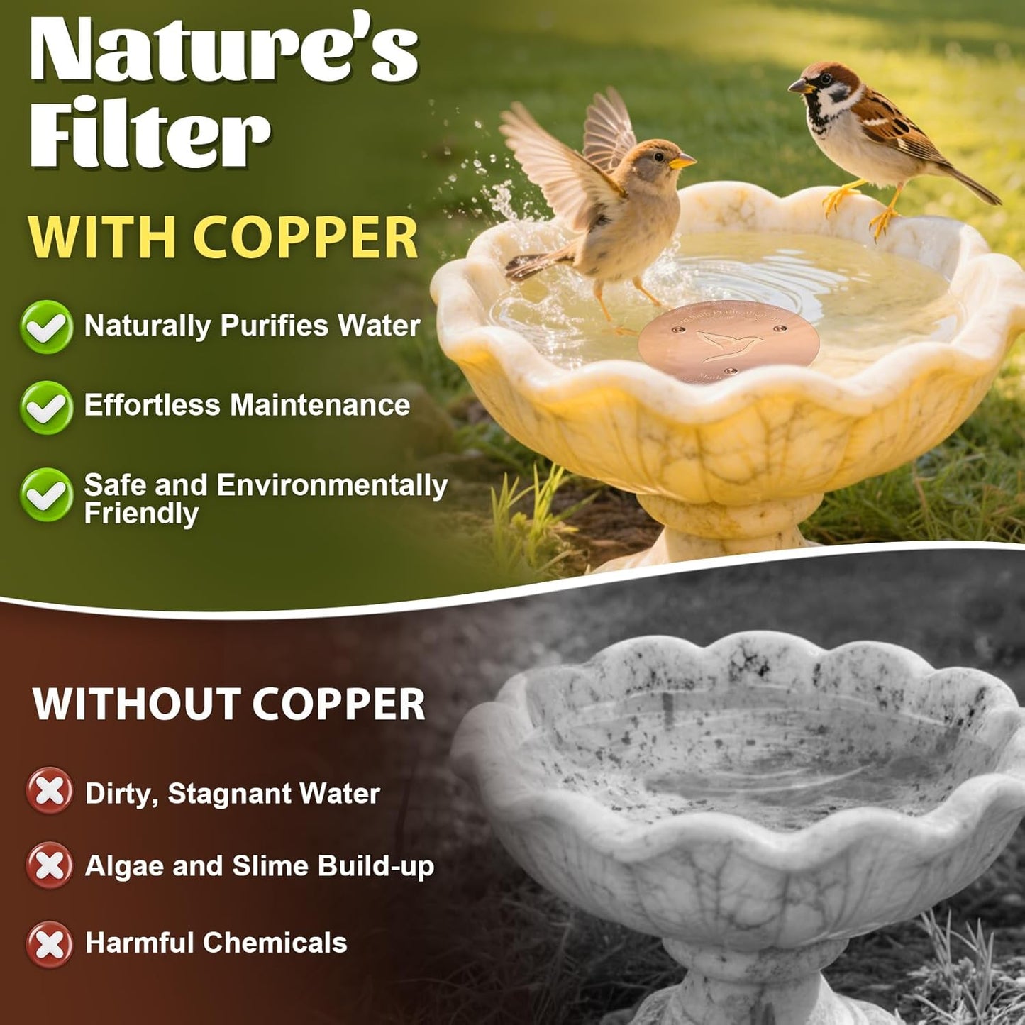 2PCS Bird Bath Copper Disk,1mm Thick Reinforced 99.99% Pure Copper Disc with Triple-Point Support,Bird Bath Accessories for Outside Birdbaths Bowls Physical Safe Water Cleaner for All-Season Use