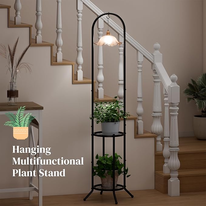 PULIJIAJU 2-tier Hanging Plant Stand Indoor and Outdoor, Space-Saving Iron Plant Shelf, 3 Potted Flower Pot Stand ,Planter Holder for Bedroom Balcony Living Room Patio Garden( n-style)