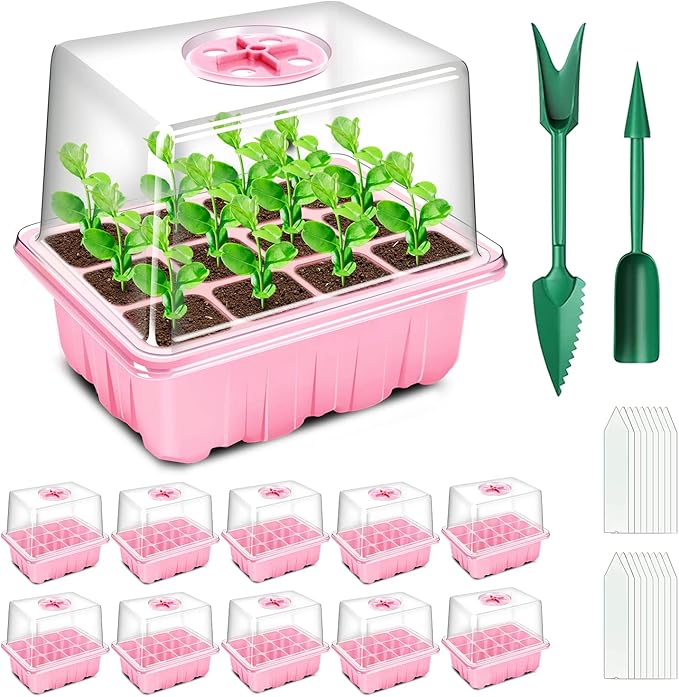 YAUNGEL Seed Starting Trays, 10 Pack 120 Cells Thicken Seed Starter Tray Kit with Humidity Dome/Heightened Lids Durable Growing Trays for Greenhouse & Gardens, Pink