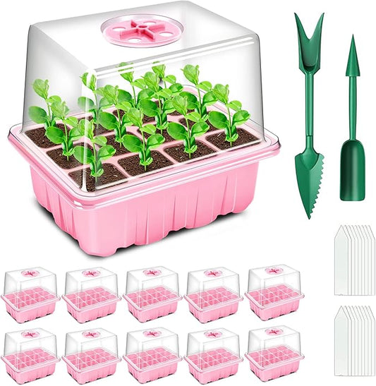 YAUNGEL Seed Starting Trays, 10 Pack 120 Cells Thicken Seed Starter Tray Kit with Humidity Dome/Heightened Lids Durable Growing Trays for Greenhouse & Gardens, Pink