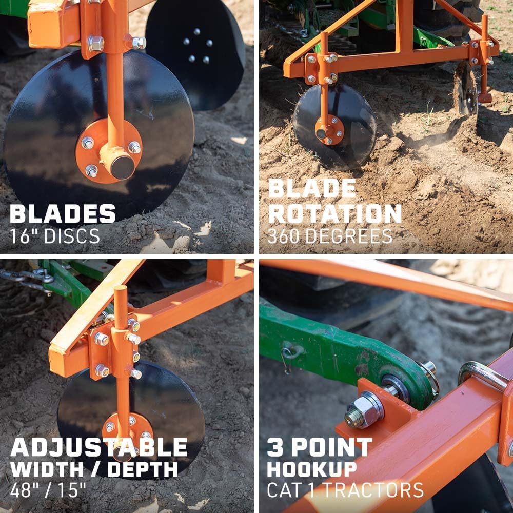 Titan Attachments 3 Point 48" Adjustable Disc Bedder Fits Cat 1 Tractors, Quick Hitch Compatible, Cultivator Garden Bedder and Hiller Attachment, 16" Disc Blades for Outdoor Field Work