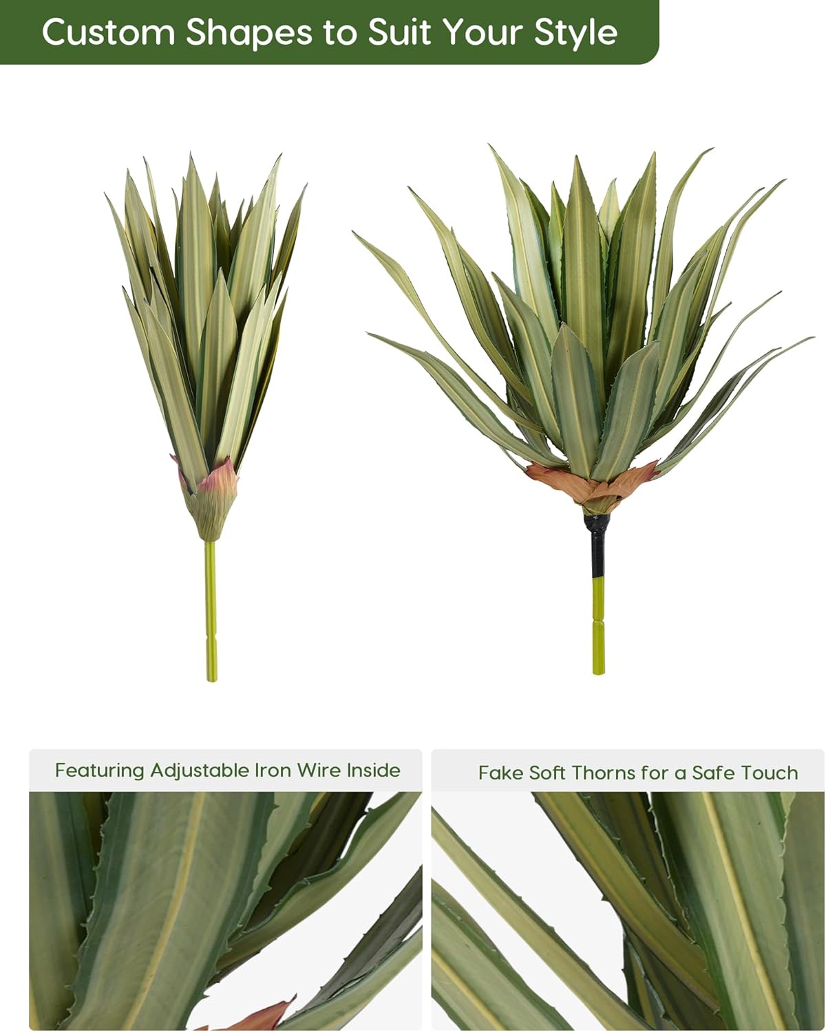 Velener Artificial Outdoor Agave Plants, Green Outdoor Faux Plants with Broad Sword-Shaped Leaves, Small Size UV Resistant Fake Agave Plants for Indoor and Outdoor Decor(14 Inch)-2 Pack