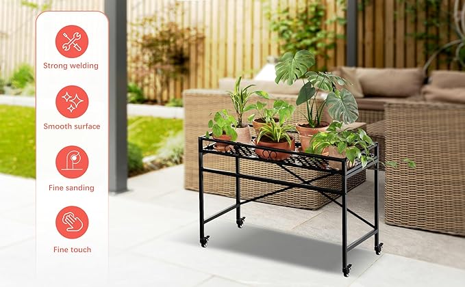Zhongma Sturdy Metal Plant Stand with Wheels,Heavy Duty Succulent Shelf for Home Indoor and Outdoor, 220 LBS Capacity & Heavy Duty Construction, 36.6 x 16 x 26.2 in High