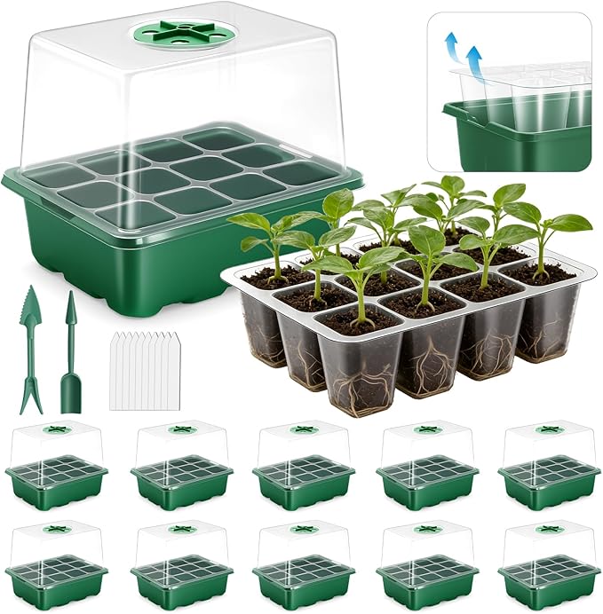 joyhalo 10 Packs Seed Starter Tray 120 Cells Total, Thicken Seed Starter Kit with Taller Humidity Dome, Greenhouse Germination Kit, Indoor Gardening Plant Trays for Seeds Growing