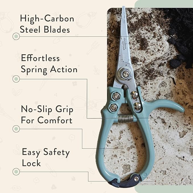 Modern Sprout Hand Pruners & Shears Set with Blister Pack - Lightweight Gardening Tools with Easy Lock - Sharp Carbon Steel Blades -Rust Resistant Scissors for Herbs, Flowers - Sage