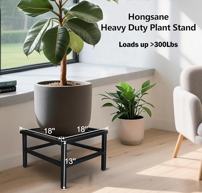 Hongsane Plant Stand Indoor Outdoor,18 Inch Square Metal Plant Stands Riser,Heavy Duty Wrought Iron Pedestal Holders for Large Flower Pot,Outside Rust-Proof Black Flower Display Shelf for Patio,1-Pack