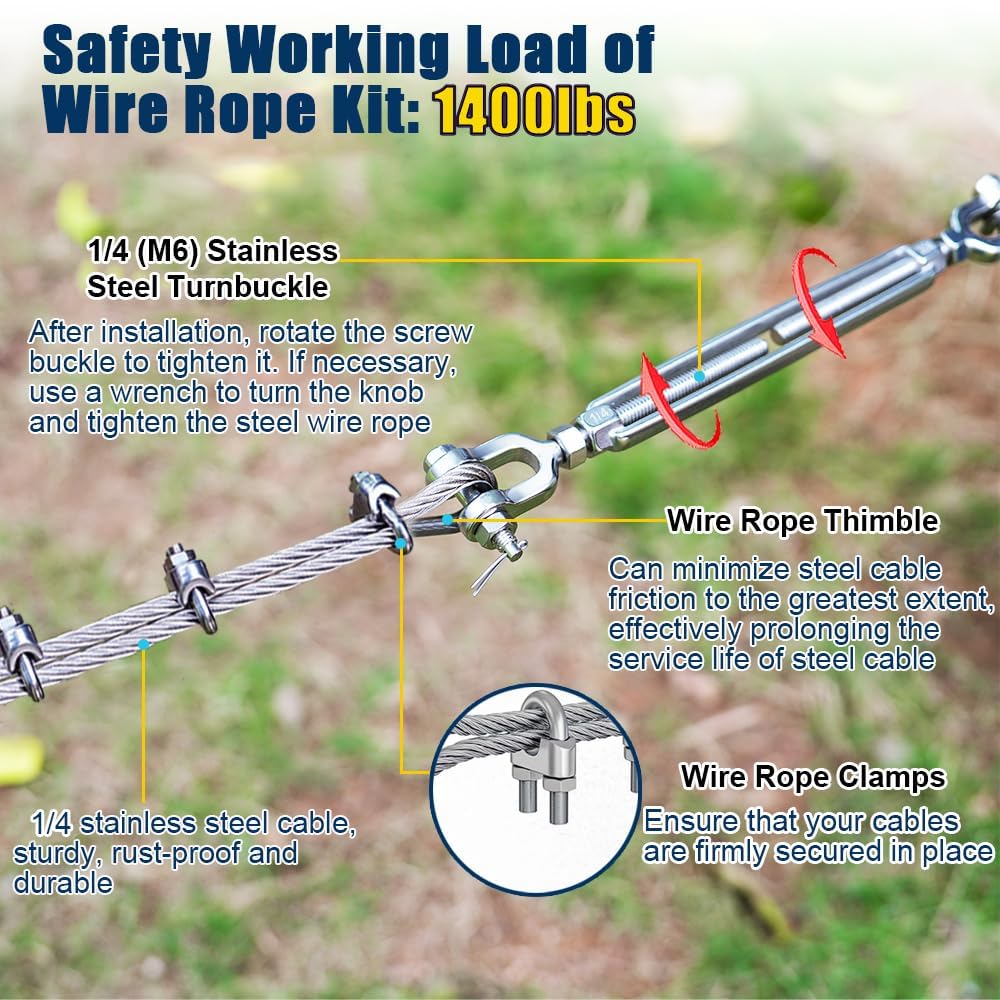 1/4" Wire Rope Kit, 100ft Stainless Steel Cable with 2Pcs 1/4 Turnbuckle, Clamp & Thimble, 7x19 Strands Heavy Duty Metal Cable,1400 lbs Load Limit, Turnbuckles for Cables Wire, Zipline