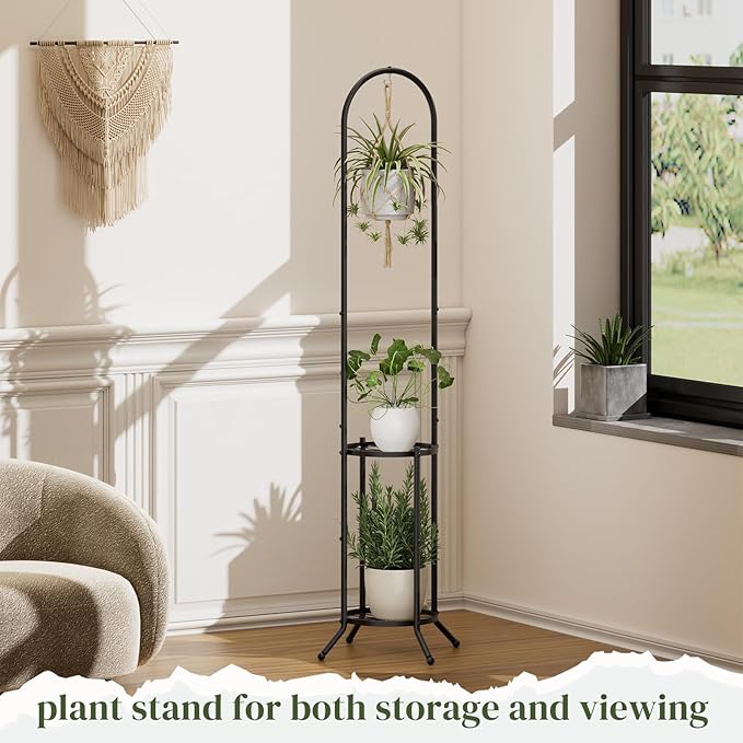 PULIJIAJU 2-tier Hanging Plant Stand Indoor and Outdoor, Space-Saving Iron Plant Shelf, 3 Potted Flower Pot Stand ,Planter Holder for Bedroom Balcony Living Room Patio Garden( n-style)