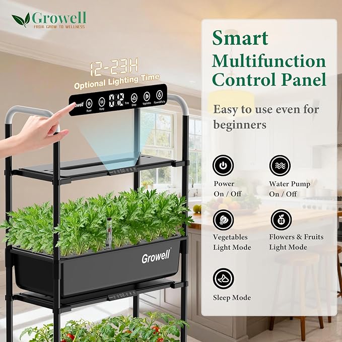 Growell Hydroponics Growing System Kit, 54 Pods Vertical Indoor Herb Garden with Smart LED Grow Light, Auto Circulating Water Pump Each Tier, 28L Hydroponic Gardening Systems for Ideal Gifts (Black)