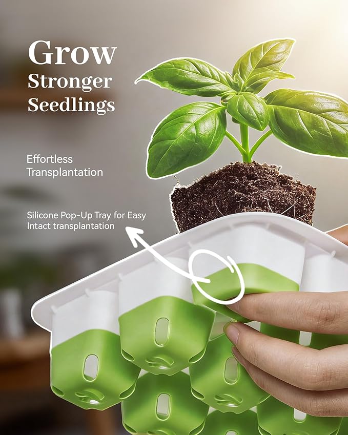 RAINPOINT 2 Pack Seed Starter Tray with Grow Light,2 * 12-Cell Indoor Seed Starter Kit,Flexible Silicone Designed Seedling Starter Trays,Germination Tray with Humidity Dome & Lids, Reusable