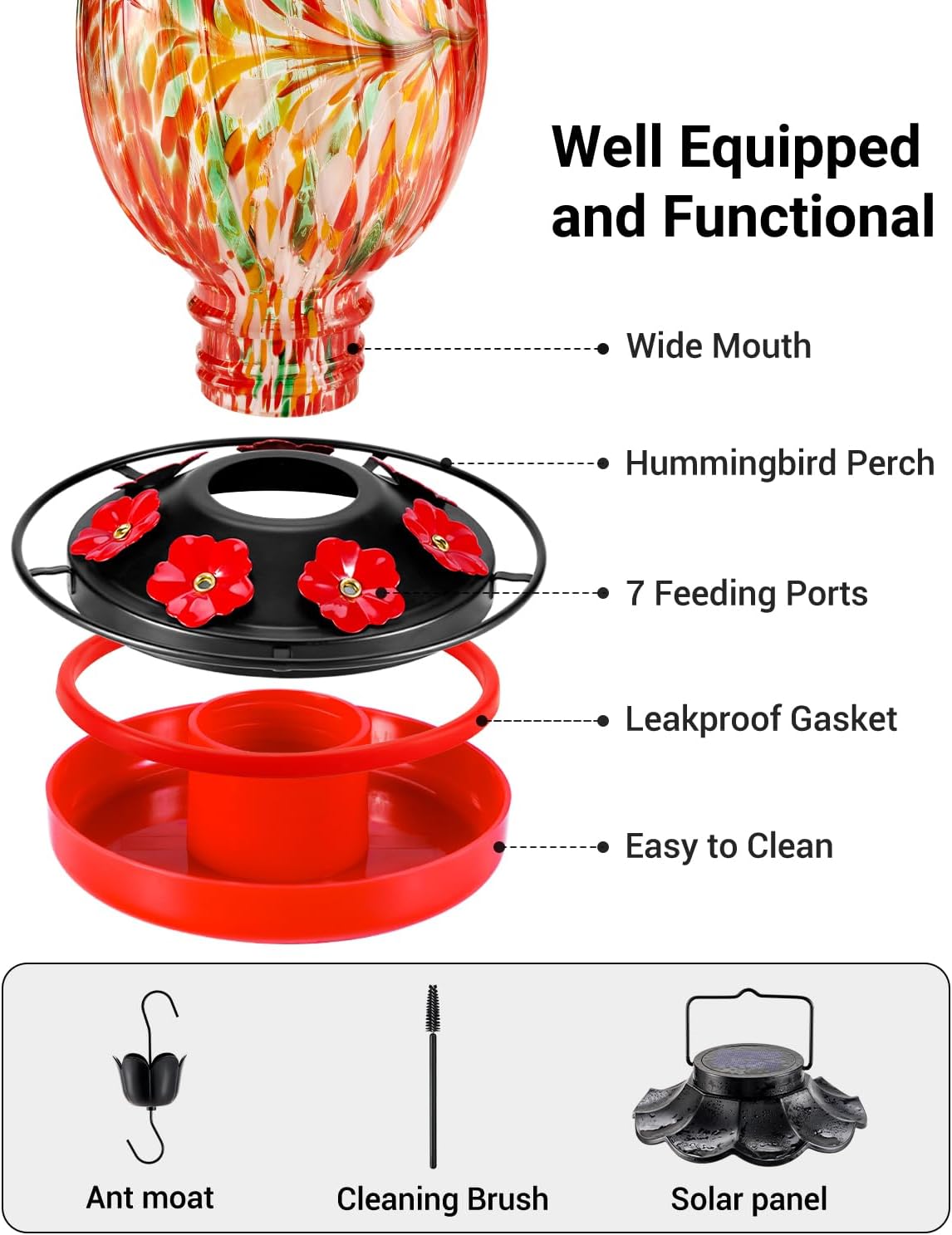Solar Hummingbird Feeder - 49 fl.oz Hand Blown Glass Color Changing - 7 Feeding Ports with Perch - Never Leak - Perfect Hummingbird Feeder