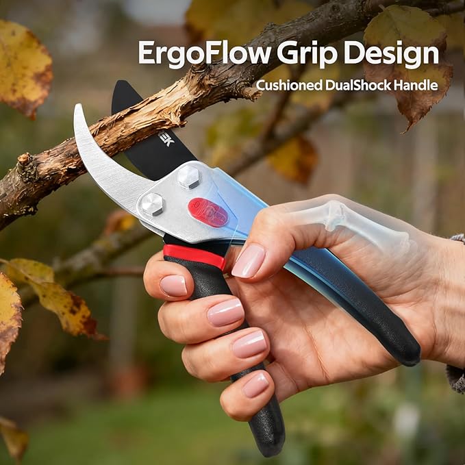 VOTREK 8.5” Pruning Shears, Professional Garden Pruner with Jam-Proof Spring & Ever-Sharp SK5 Blade, Ergonomic Bypass Clippers for Rose, Tree Trimming, Heavy Duty Bonsai Scissor for Weak Hand