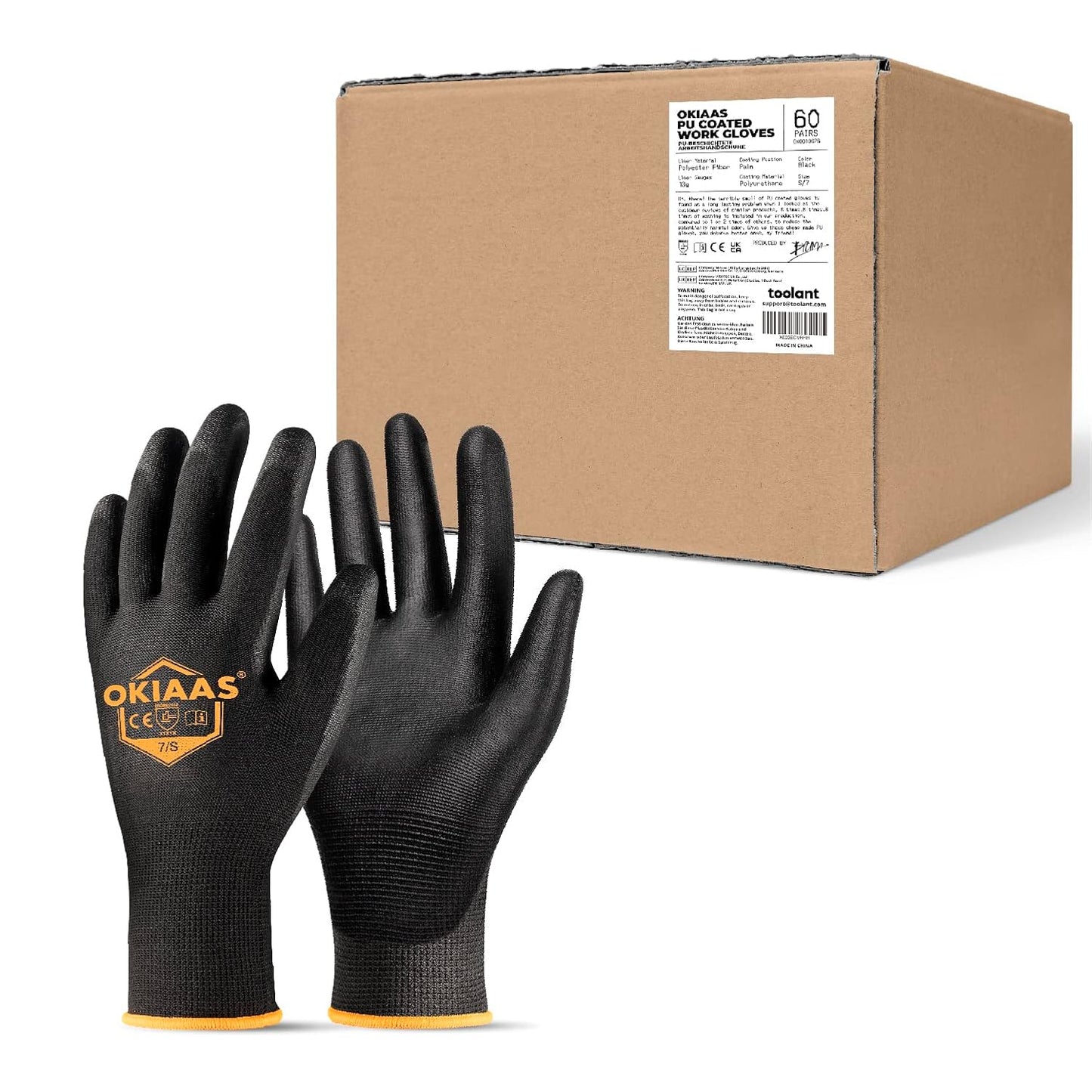 OKIAAS Work Gloves for Men, Ultra Thin and Lightweight with Grip, Bulk Case of 60 Pairs Construction Gloves with Polyurethane Coating, Safety Gloves for Light Duty Work (Black, Small)
