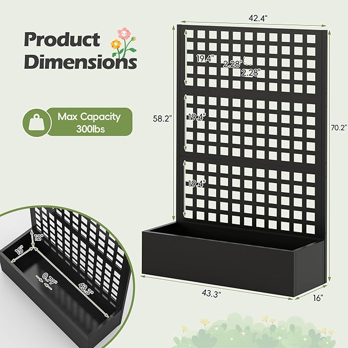 Callales Metal Raised Garden Bed with Trellis, Vegetable and Flower Garden Boxes, Black Planter Box with Trellis for Climbing Plants Vegetable Outdoor Indoor, Large 1Pc