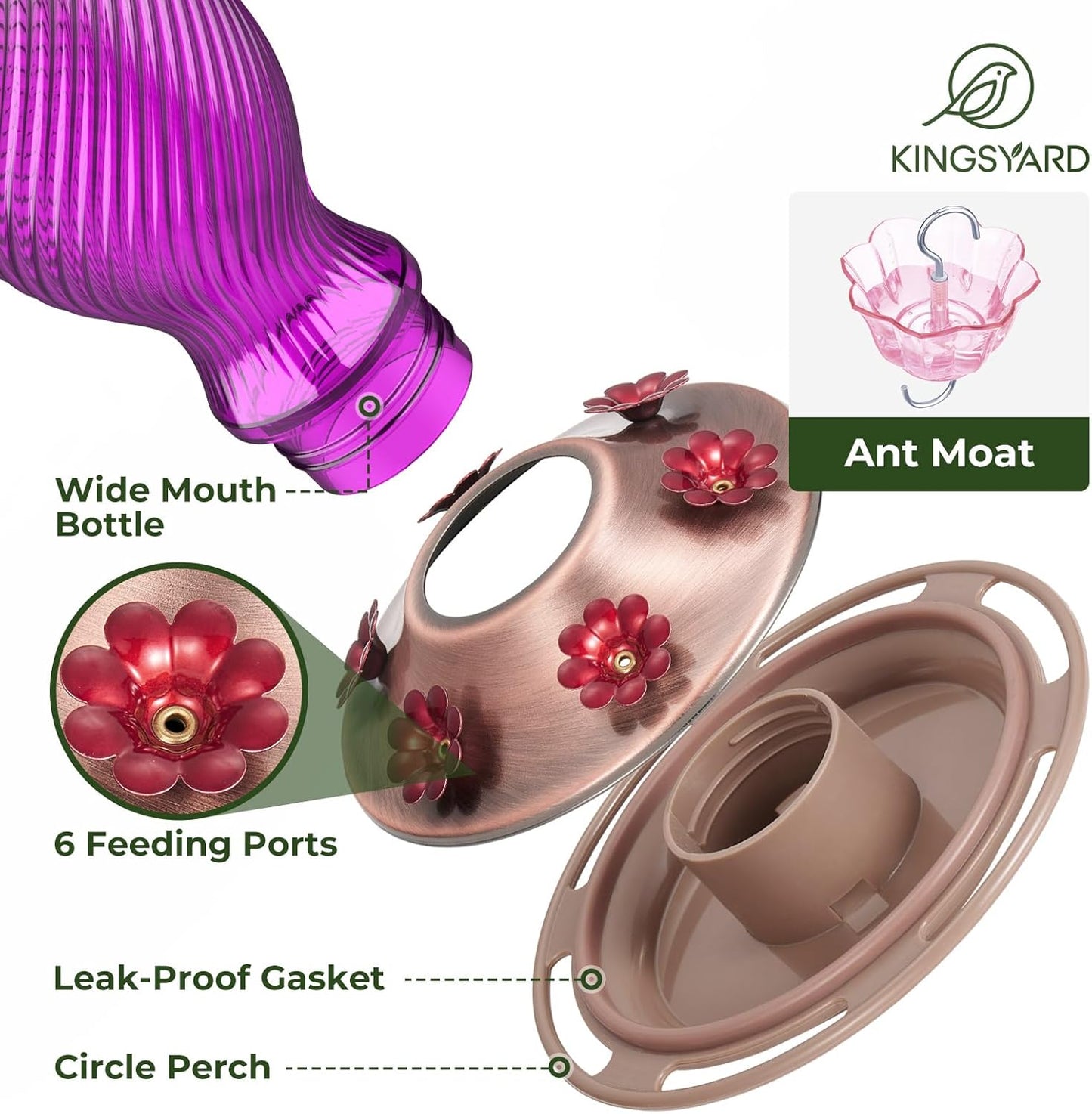 Kingsyard Glass Hummingbird Feeders for Outdoors, 24 oz Hummingbird Nectar Feeder for Outdoors Garden Yard D�cor, 6 Feeding Ports, Ant Moat Included, Easy to Clean & Refill, Purple