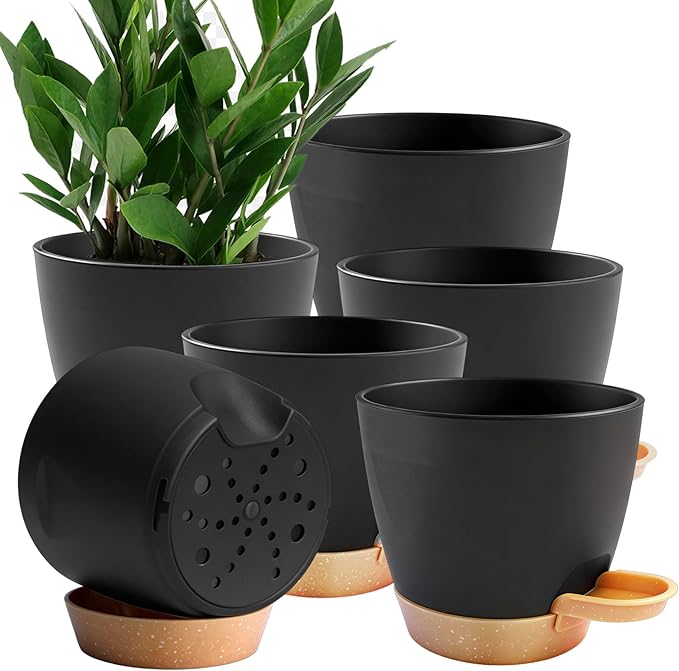 Carsapro 6-Pack Plant Pots with Drainage 6 Inch, Self Watering Pots for Indoor Plants, Planters for Indoor Outdoor Plants, Plastic Flower Pot, Planter for Indoor Outdoor (Black)