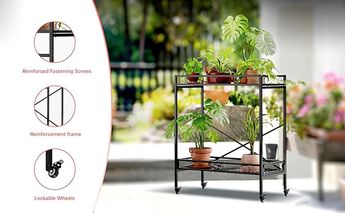 Zhongma 2 Tier Sturdy Metal Plant Stand with Wheels,Heavy Duty Succulent Shelf for Home Indoor and Outdoor, 440 LBS Capacity & Heavy Duty Construction,32.7x16x39.4 Inch High