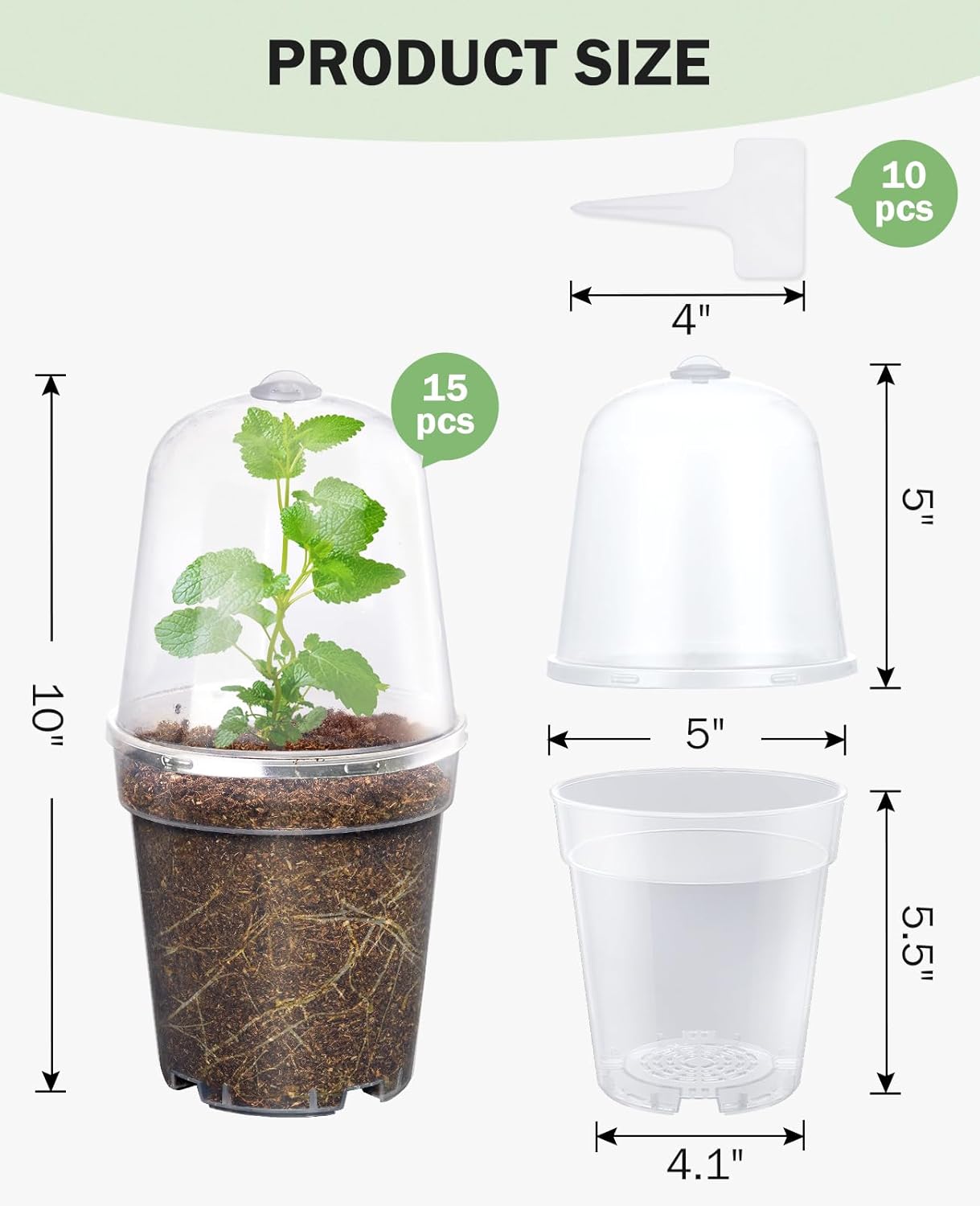 homenote Clear Nursery Pots for Plants,5 Inch Plant Pot for Planting with Humidity Domes Plastic Seedling with Drainage Holes Seed Starter Flower High Transparency (15 Pack)