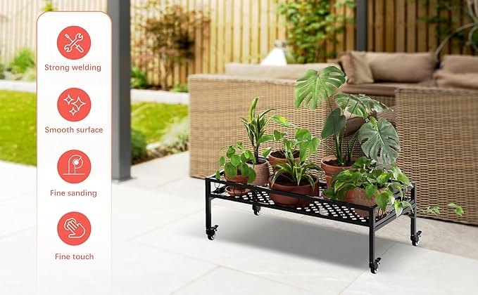 Zhongma Sturdy Metal Plant Stand with Wheels,Heavy Duty Succulent Shelf for Home Indoor and Outdoor, 220 LBS Capacity & Heavy Duty Construction,32.7x16x11.6 Inch High