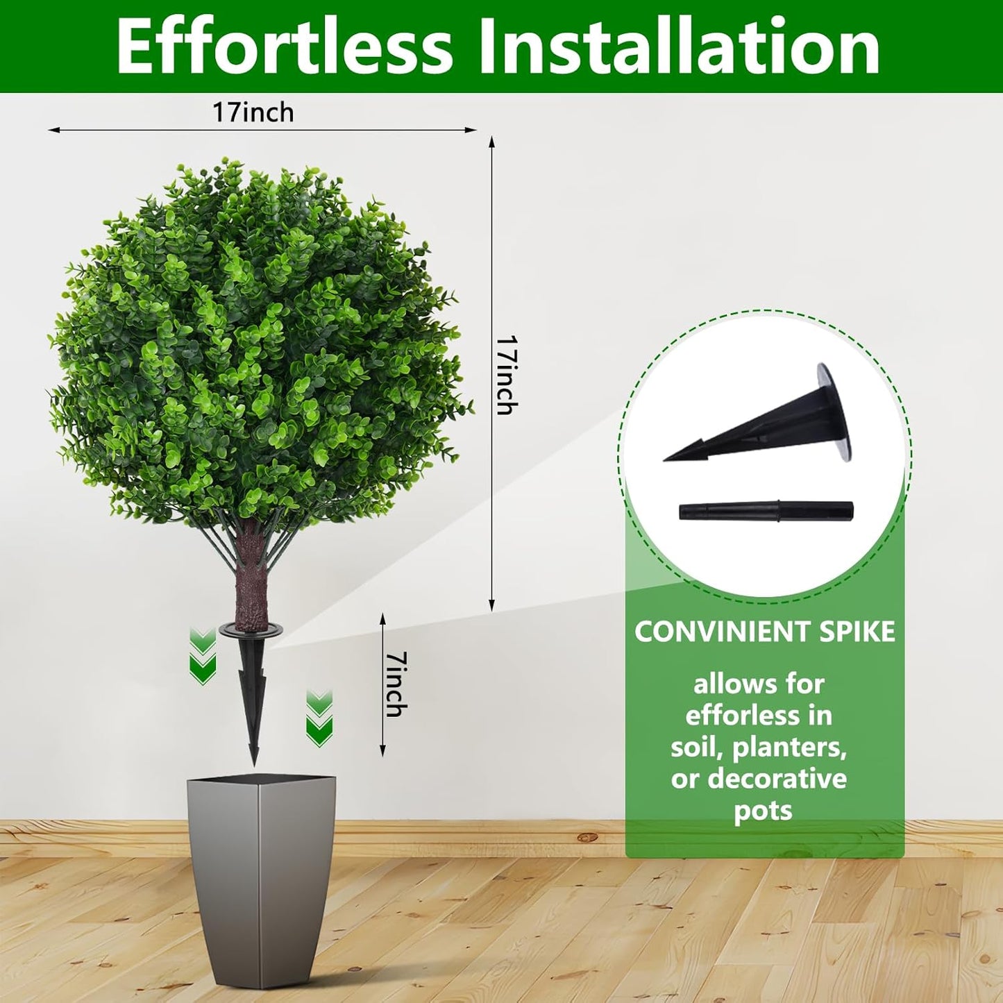 Artificial Eucalyptus Topiary Ball Trees with Ground Spike, Set of 2 UV Resistant Artificial Shrubs, Fake Evergreen Artificial Plant Bushes for Indoor Outdoor Front Porch Garden
