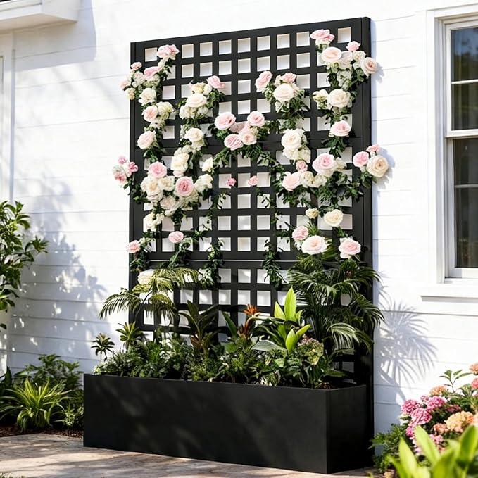 Callales Metal Raised Garden Bed with Trellis, Vegetable and Flower Garden Boxes, Black Planter Box with Trellis for Climbing Plants Vegetable Outdoor Indoor, Large 1Pc