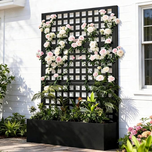 Callales Metal Raised Garden Bed with Trellis, Vegetable and Flower Garden Boxes, Black Planter Box with Trellis for Climbing Plants Vegetable Outdoor Indoor, Large 1Pc