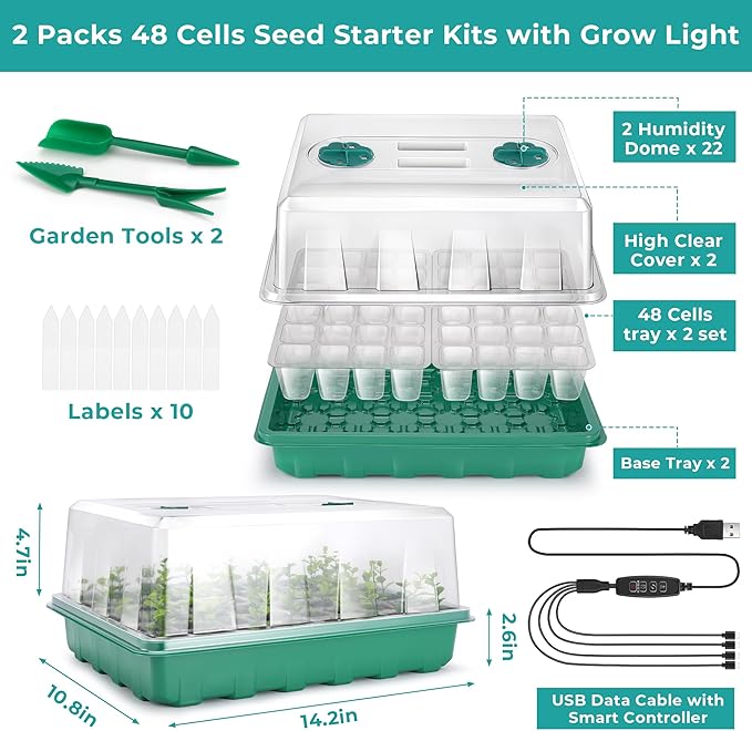 Hanaoyo 96 Cells Seed Starter Tray with Lights, 2 Packs Seed Starter Kit with Humidity Vented Domes and High Lid, Adjustable Brightness Germination Kit for Indoor Greenhouse Seed Starter