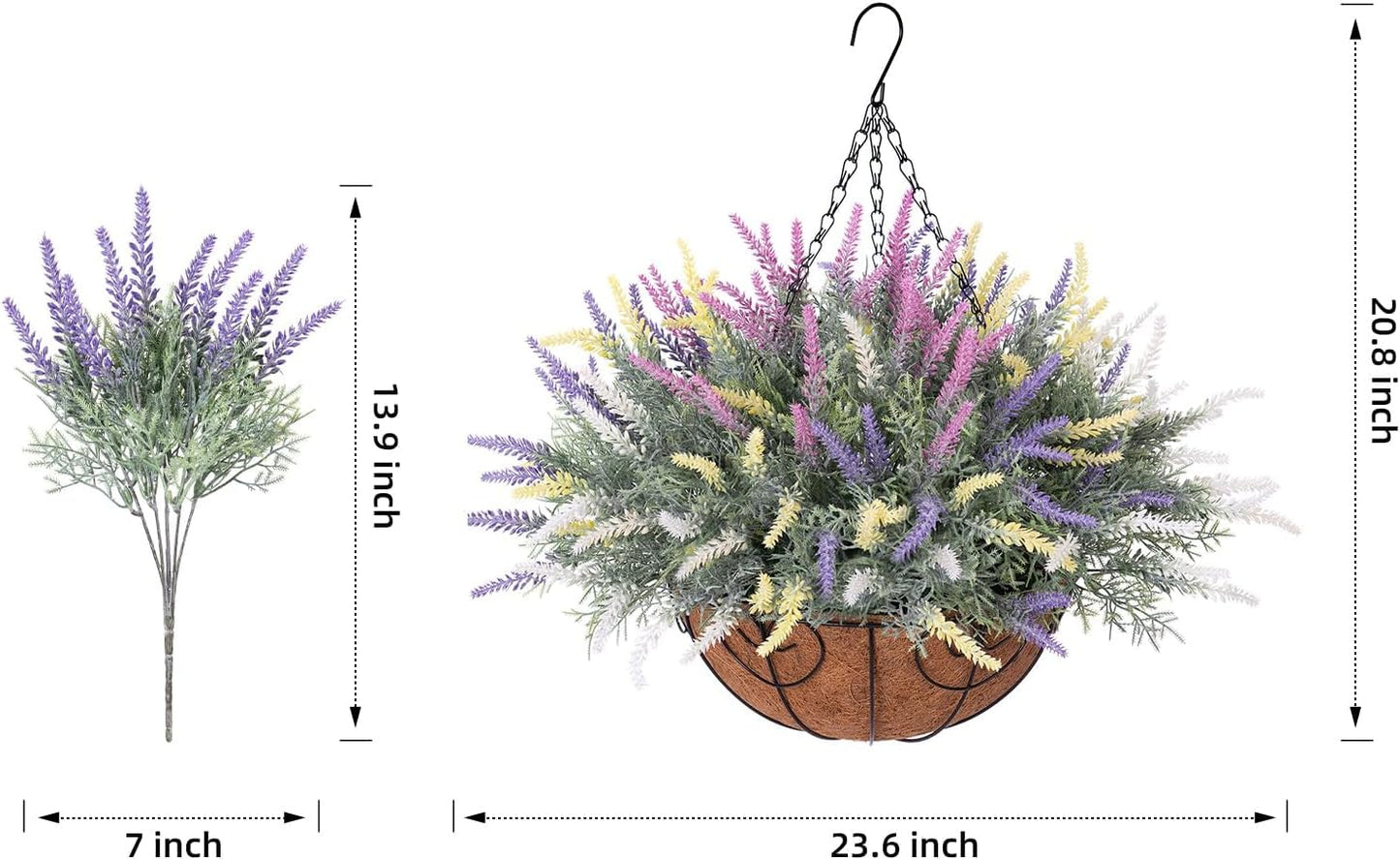 Artificial Fake Fall Hanging Flowers Plants Basket for Outdoor Outside Summer Decor, Faux Mixed Colorful Lavender in Coconut Lining Planter Look Real UV Resistant for Home Patio Porch Balcony Yard
