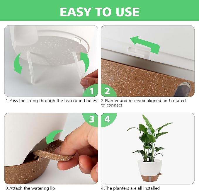 12" 10" 9" 8" Self Watering Pots with Water Level Indicator, Large Plastic Planters Set with Mesh Drainage Hole and Removable Saucer Reservoir, Big Flower Pot for Indoor Outdoor Plants - White