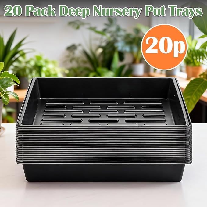 RooTrimmer 20 Pack Nursery Pots Trays (16.5"x13.2"x2.8"), Plastic Seed Starter Trays, Durable Carrying Seedling Starter Tray, Reusable Tray for Planting and Collecting Drainage Water (Black)