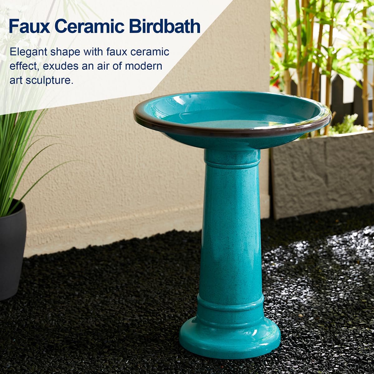 Glitzhome 21.5" H Plastic Turquoise Faux Ceramic Bird Bath for Outside, Hand-Painted Tall Pedestal Birdbath in Weather Resistant for Outdoor Patio Garden Backyard Decking