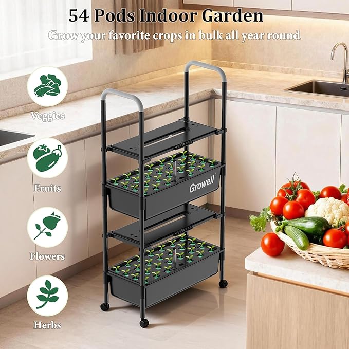 Growell Hydroponics Growing System Kit, 54 Pods Vertical Indoor Herb Garden with Smart LED Grow Light, Auto Circulating Water Pump Each Tier, 28L Hydroponic Gardening Systems for Ideal Gifts (Black)