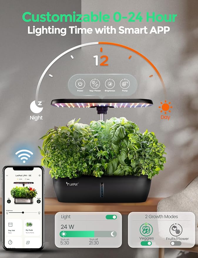 LETPOT LPH-Lite Hydroponics Growing System, 12 Pods Smart Herb Garden Kit Indoor, Indoor Garden, APP & WiFi Controlled, with 24W Growing LED, 5.5L Water Tank, Pump System, Automatic Timer