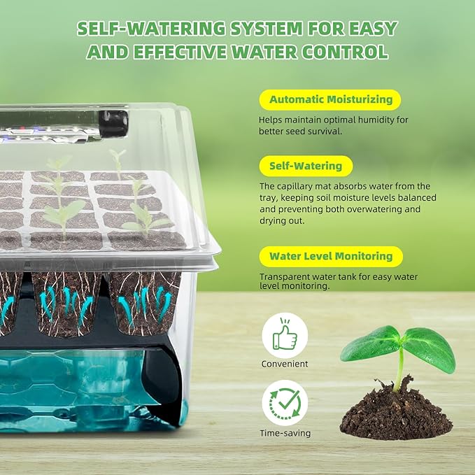 Terronix Indoor Seed Starting Kit with 60-Cell Self-Watering Tray, LED Grow Light, Timer, Humidity Dome, pH Meter for Plant Germination, Vegetables, Herbs, Flowers