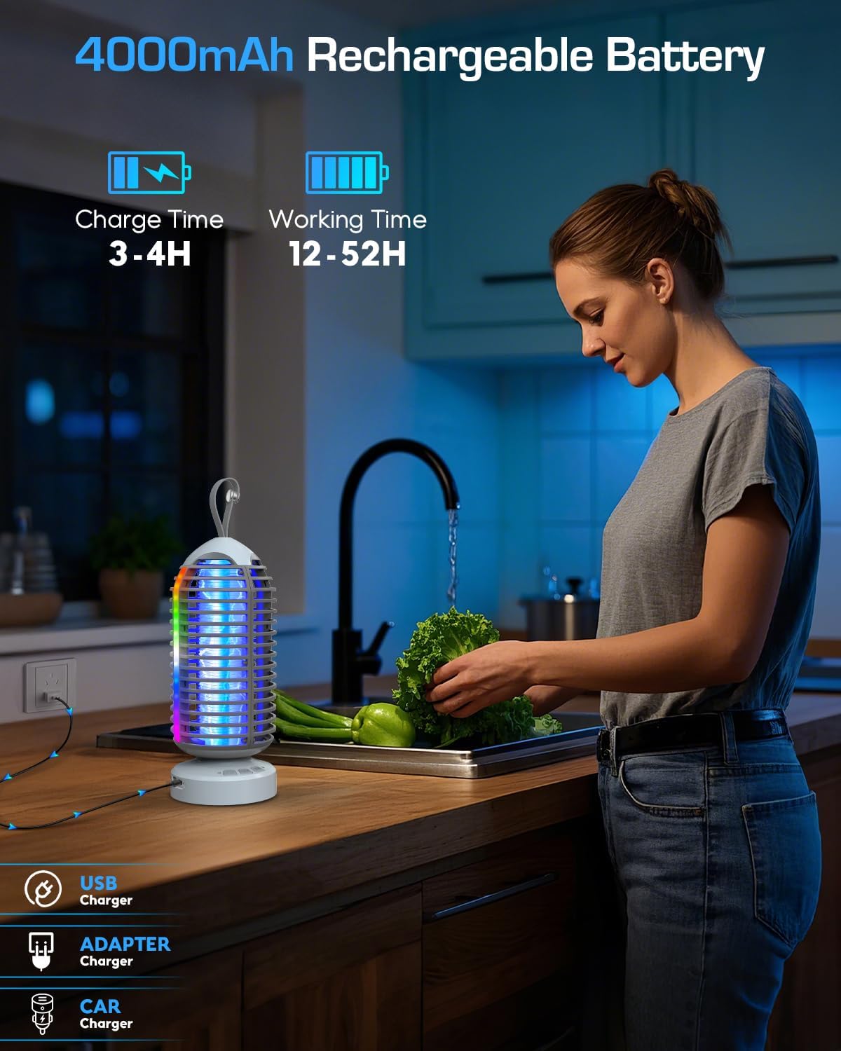 (2 Pack) Bug Zapper Outdoor with Marquee Light, Cordless Mosquito Zapper, 4000mAh Rechargeable Bug Zapper Indoor, Auto On/Off Waterproof Mosquito Trap Fly Zapper for Patio Backyard Kitchen Camping