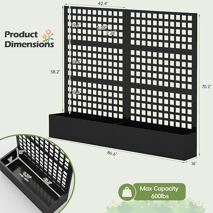 Callales Metal Raised Garden Bed with Trellis Set of 2, Vegetable and Flower Garden Boxes, Black Planter Box with Trellis for Climbing Plants Vegetable Outdoor Indoor, Large 2Pcs Set