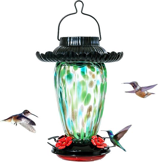 Muse Garden Solar Hummingbird Feeders for Outdoors Hanging, 38oz Hand Blown Glass Humming Bird Feeders for Garden Decor, Moms Birthday Unique, Green