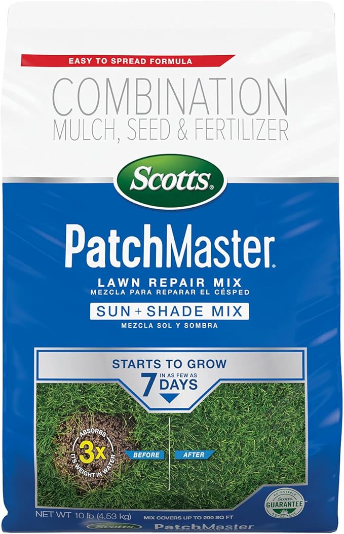 Scotts PatchMaster Lawn Repair Mix Sun + Shade Mix, Combination Grass Seed, Fertilizer, and Mulch, 10 lbs.