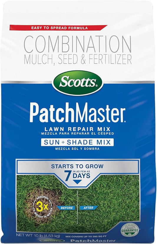 Scotts PatchMaster Lawn Repair Mix Sun + Shade Mix, Combination Grass Seed, Fertilizer, and Mulch, 10 lbs.