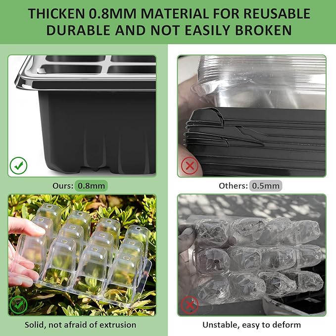 YAUNGEL Seed Starting Trays, 10 Pack 120 Cells Thicken Seed Starter Tray Kit with Humidity Dome/Heightened Lids Durable Growing Trays for Greenhouse & Gardens, Black