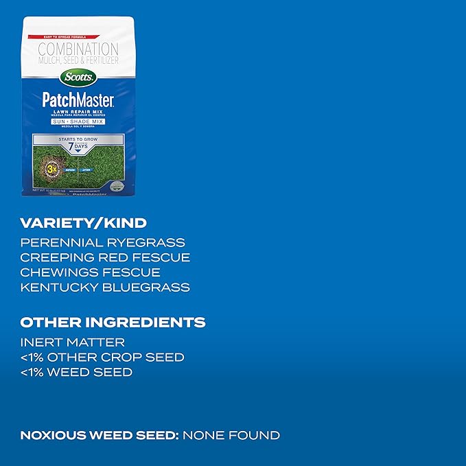Scotts PatchMaster Lawn Repair Mix Sun + Shade Mix, Combination Grass Seed, Fertilizer, and Mulch, 10 lbs.