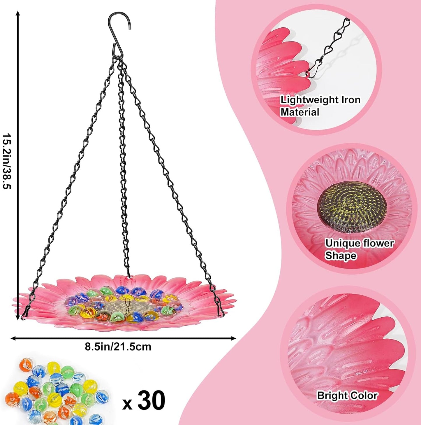 Bee Watering Station for Garden, Bee Bath Feeders for Outside with Vivid Flower Design, Hanging Butterfly Bath Bowl with Glass Balls for Outdoor Courtyard Decoration (1Pcs-Pink)