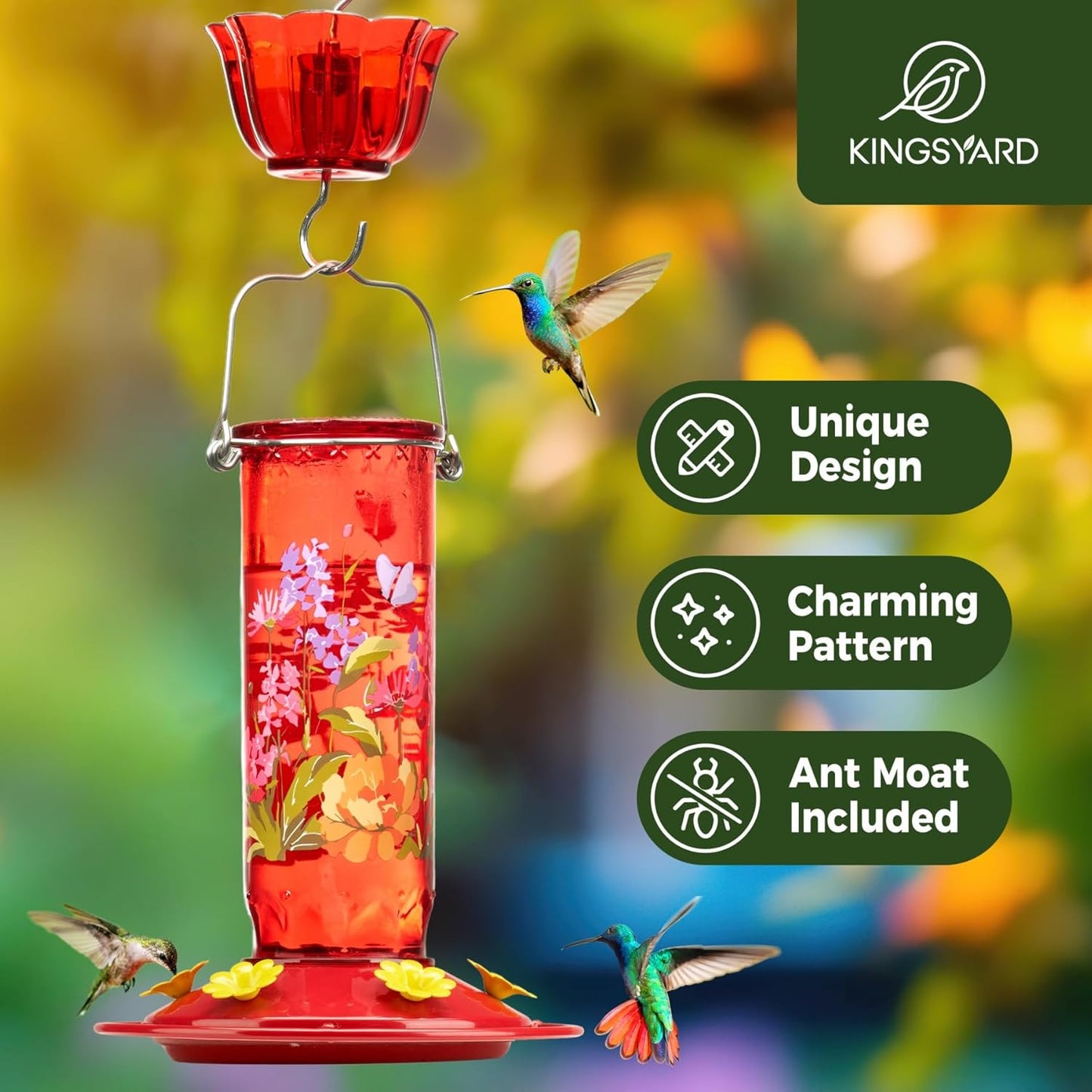Kingsyard Hummingbird Feeder for Outdoor Hanging - Charming Patterned Glass Humming Bird Feeder with 6 Feeding Ports and Ant Moat, Ideal Gift Choice for Bird Lovers, Red