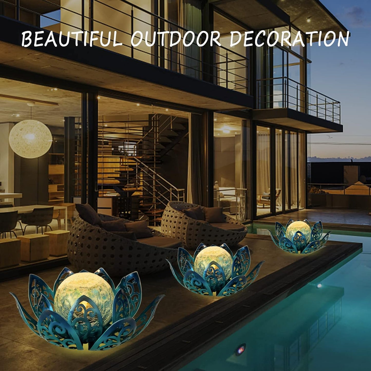 Bshine Solar Outdoor Garden Lotus Decorative Light, Waterproof Metal Cracked Glass Globe LED Lotus Light for Tabletop Decor, Walkway, Lawn Ornaments and Garden, Housewarming Gift (Blue)