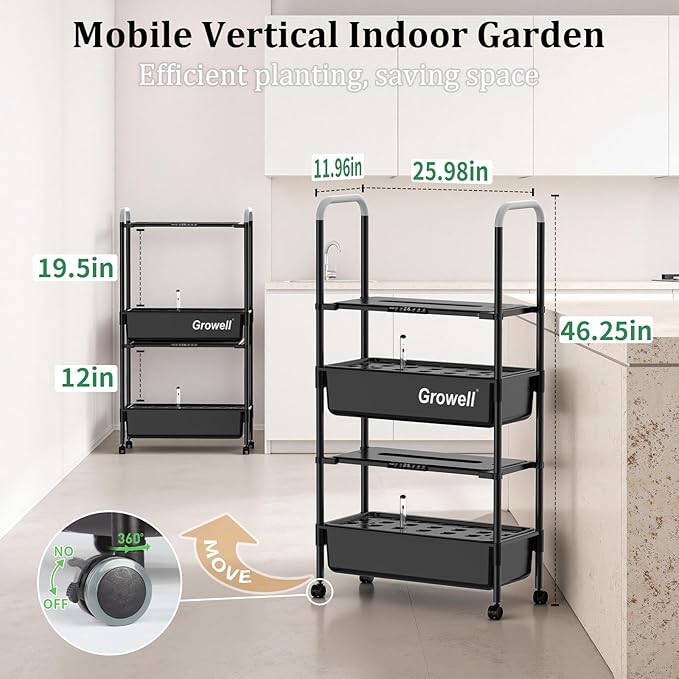 Growell Hydroponics Growing System Kit, 54 Pods Vertical Indoor Herb Garden with Smart LED Grow Light, Auto Circulating Water Pump Each Tier, 28L Hydroponic Gardening Systems for Ideal Gifts (Black)