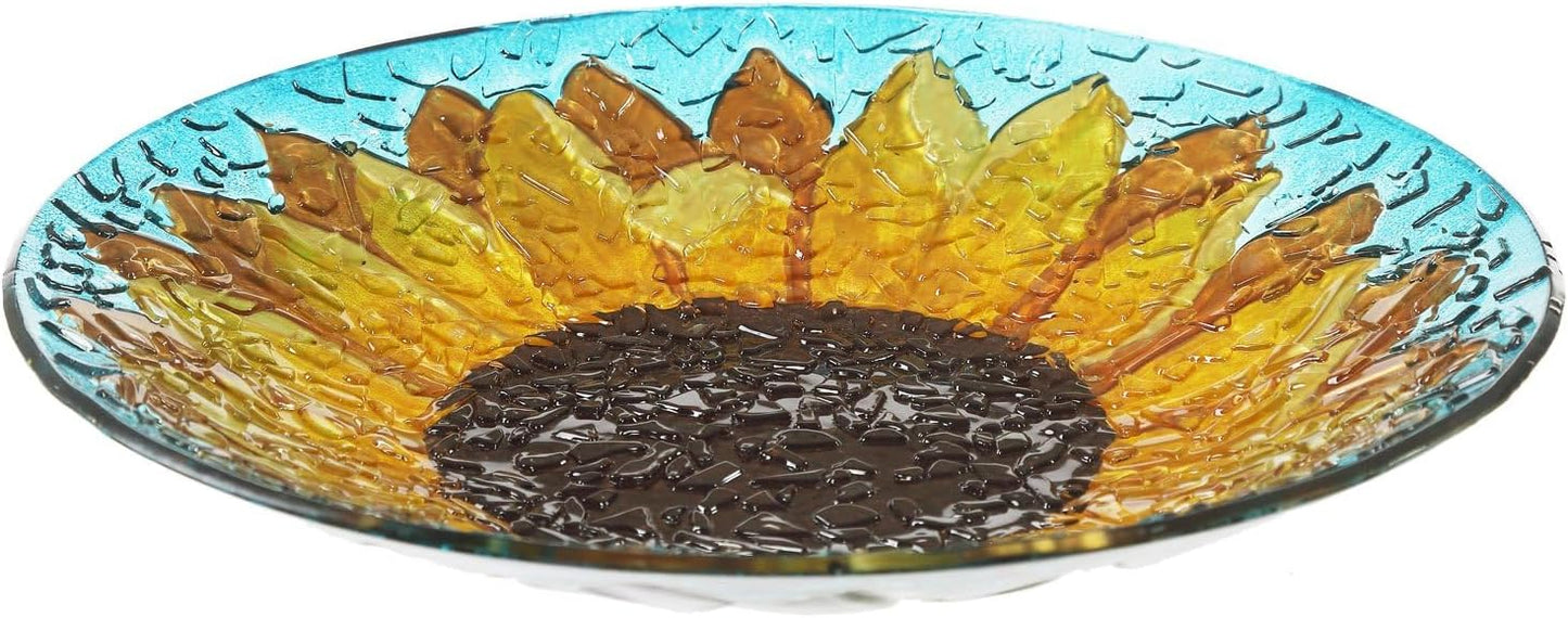 Glass Bird Bath Garden Hand Painted With Crushed Glass Bowl - Large Wild Bird Feeder for Garden, Yard, Patio, Lawn Decor - 18 x 2 x 18 Inches, 64oz
