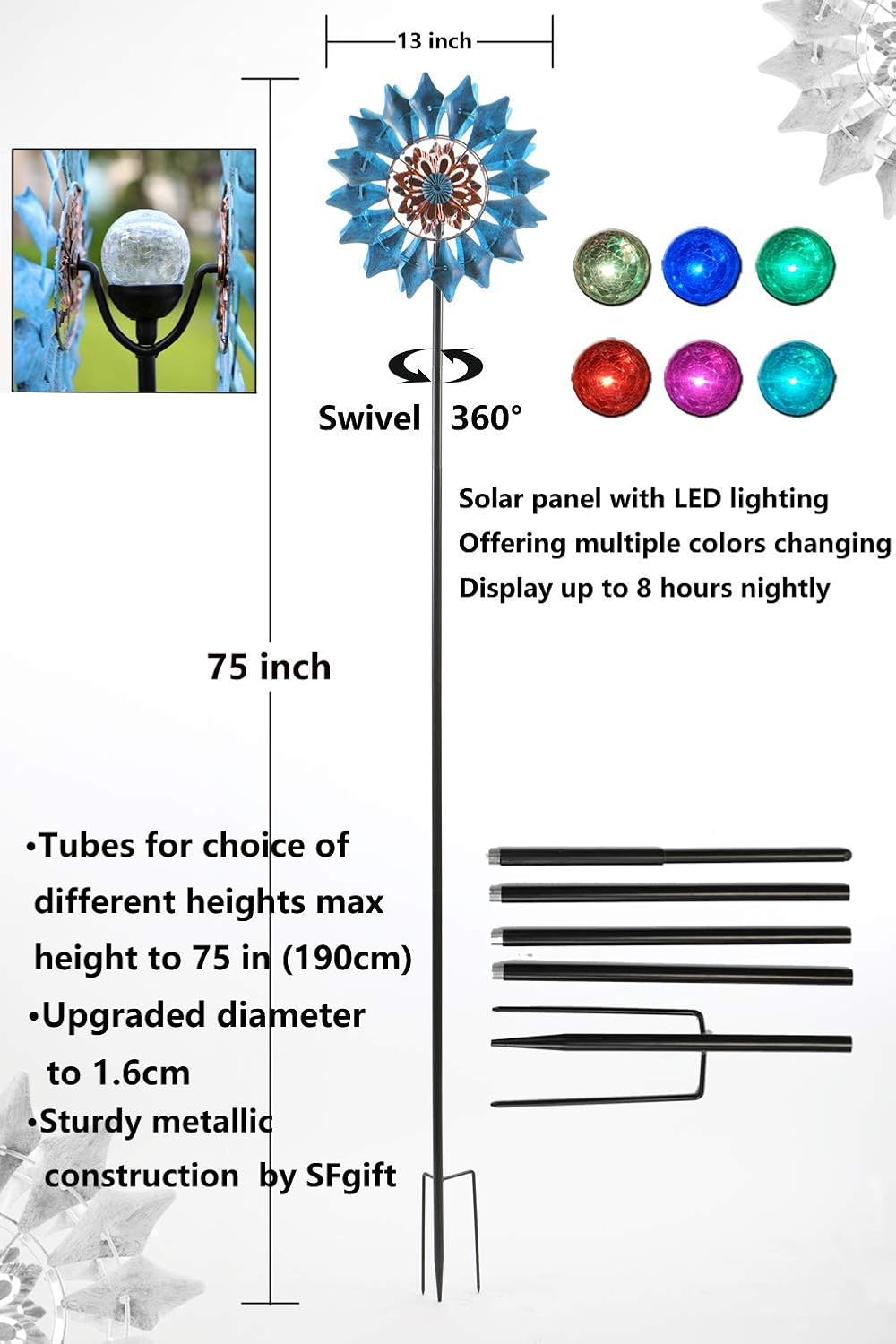 Solar Wind Spinner Azure 360 Degrees Rotate with Multicolor Crackle Glass Globe LED Light Kinetic Dual Direction Outdoor Windmill Ornaments for Garden Backyard Lawn Decoration